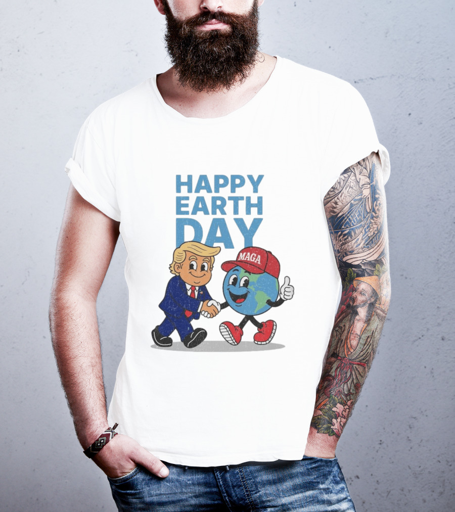 Happy Earth Day Trump MAGA Earth Cartoon Shaking Hands T-Shirt