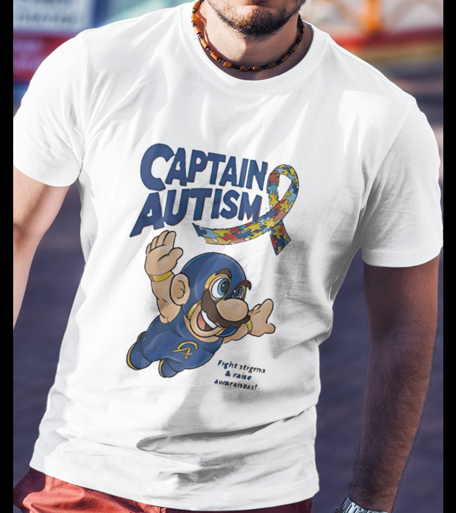 Captain Autism Super Mario Puzzle Ribbon Flying Awareness T-Shirt