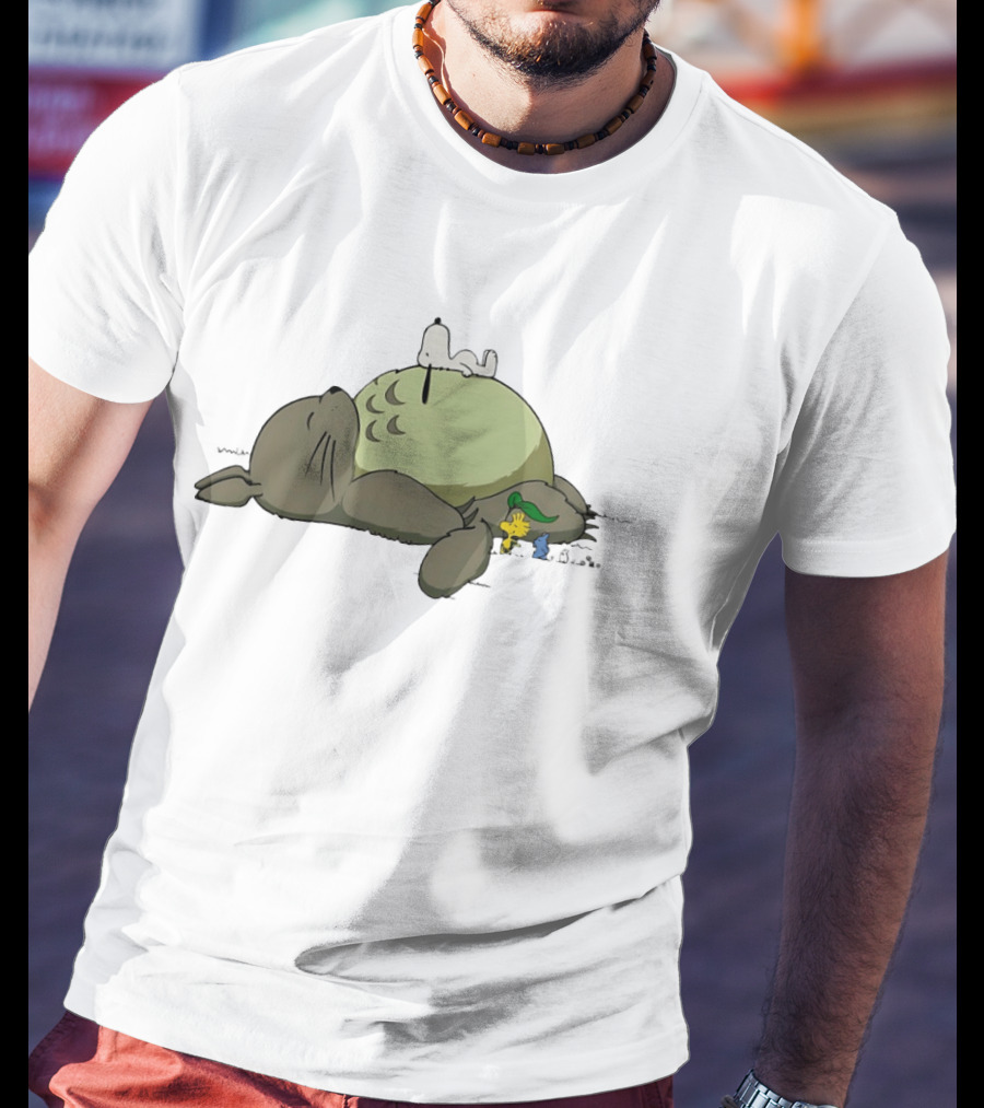 Totoro And Snoopy Sleeping With Woodstock And Classic Cartoon Characters T-Shirt
