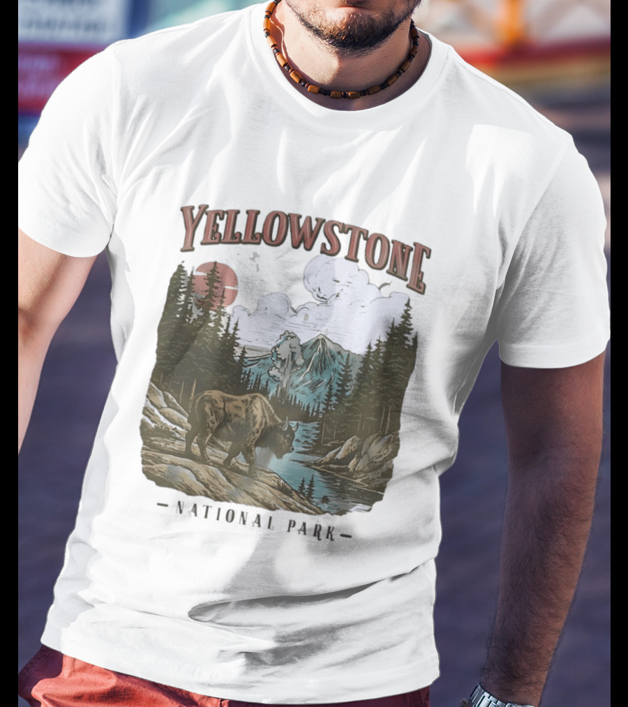 Yellowstone National Park Wild Buffalo By Stream Scenic Landscape T-Shirt