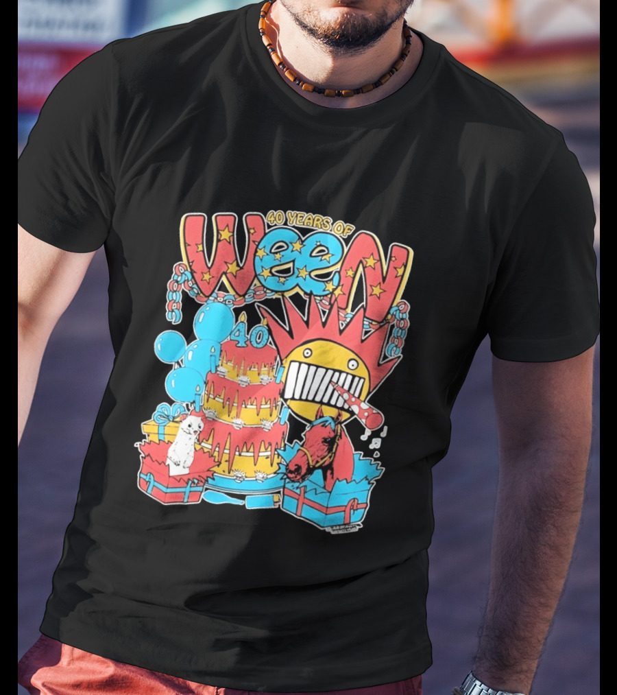 40 Years Of Ween Celebration Cake Balloons Dog Horse Black Sun Mask T-Shirt