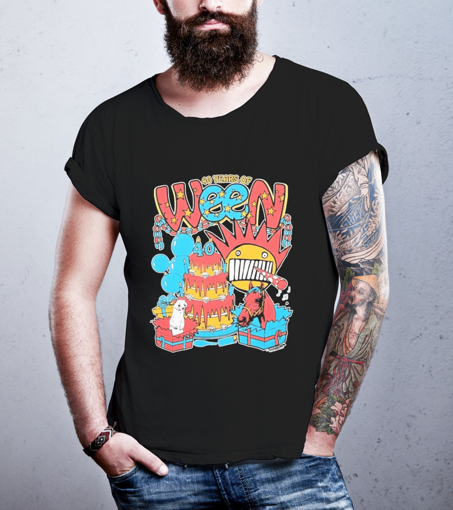 40 Years Of Ween Celebration Cake Balloons Dog Horse Black Sun Mask T-Shirt