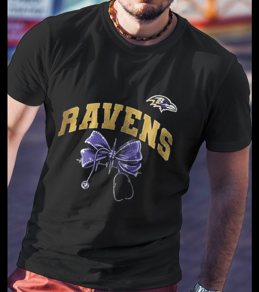 Baltimore Ravens Nurse By Heart By Soul Ravens Stethoscope Bow T-Shirt