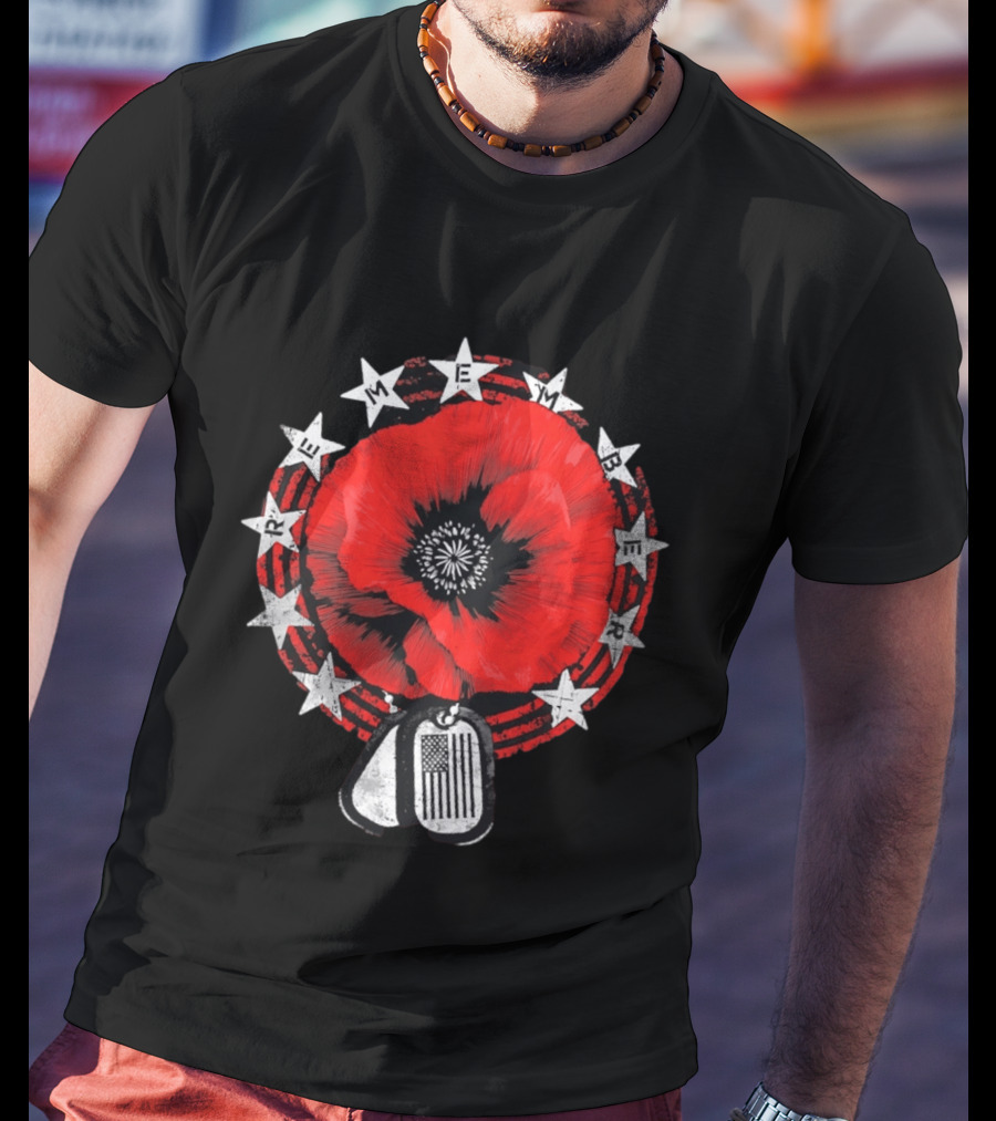 Remember Poppy 2026 American Flag Dog Tags Stars T-Shirt