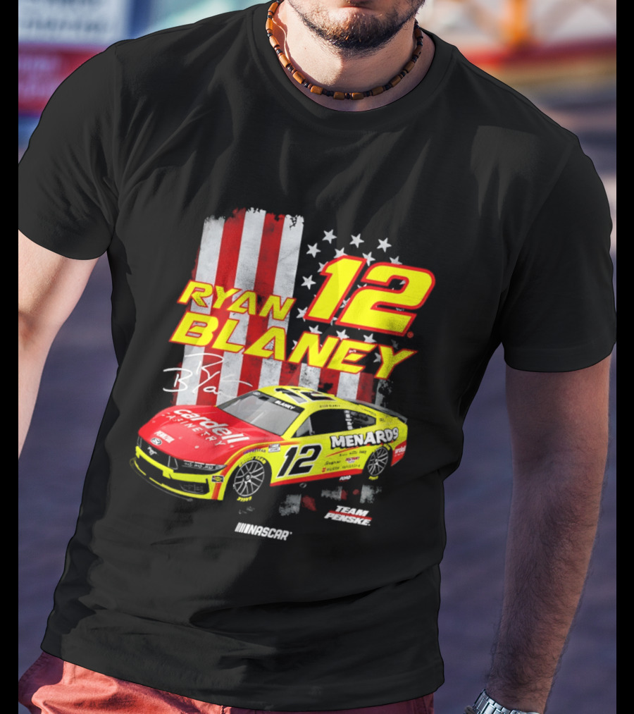 Ryan Blaney 12 Team Penske NASCAR American Flag Racing Car T-Shirt