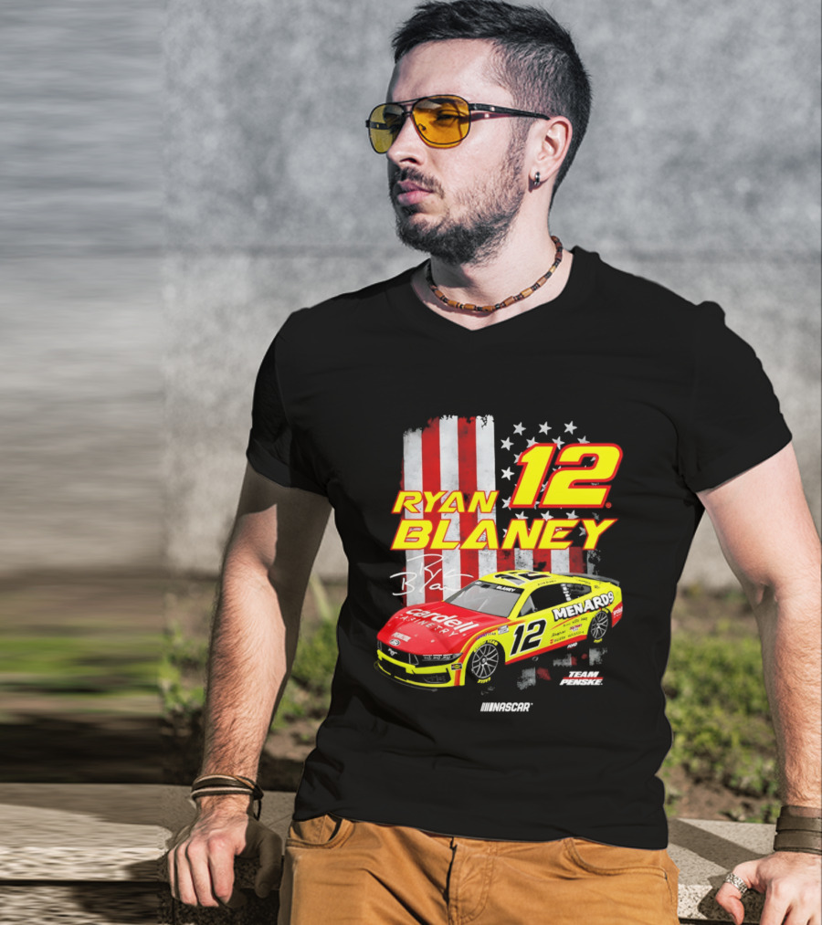Ryan Blaney 12 Team Penske NASCAR American Flag Racing Car T-Shirt
