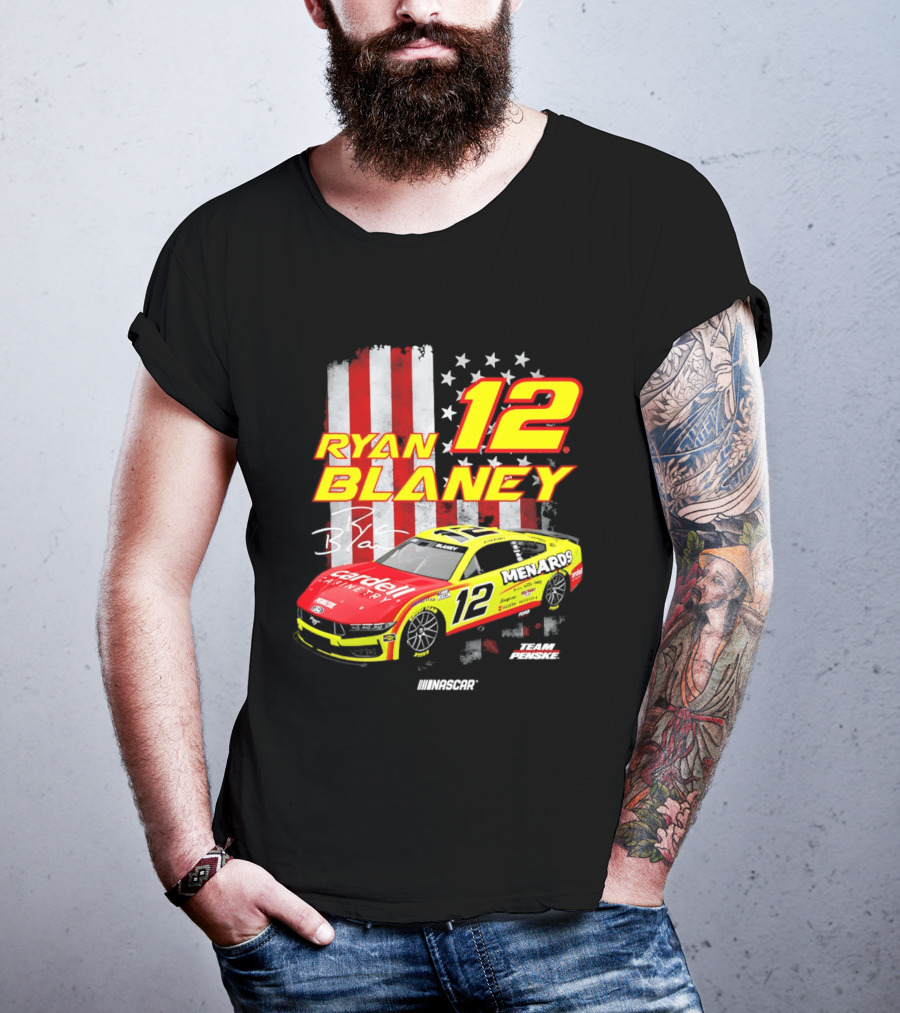 Ryan Blaney 12 Team Penske NASCAR American Flag Racing Car T-Shirt