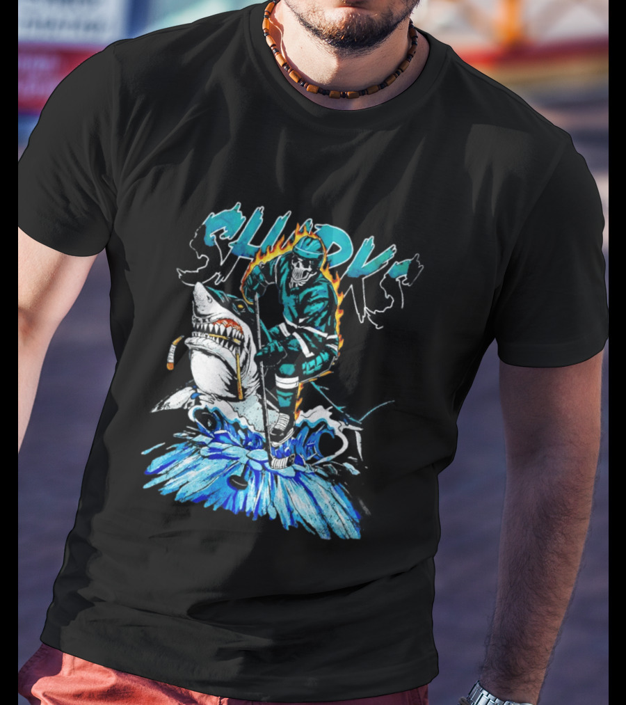 San Jose Sharks 90s Hockey Skull Flames Ice Shark Rider T-Shirt