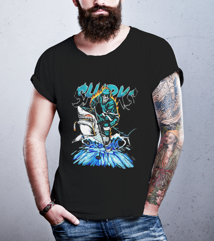 San Jose Sharks 90s Hockey Skull Flames Ice Shark Rider T-Shirt