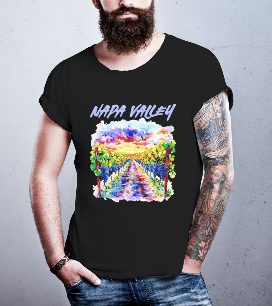 Napa Valley California Vineyard Scenic Sunset Watercolor Landscape T-Shirt