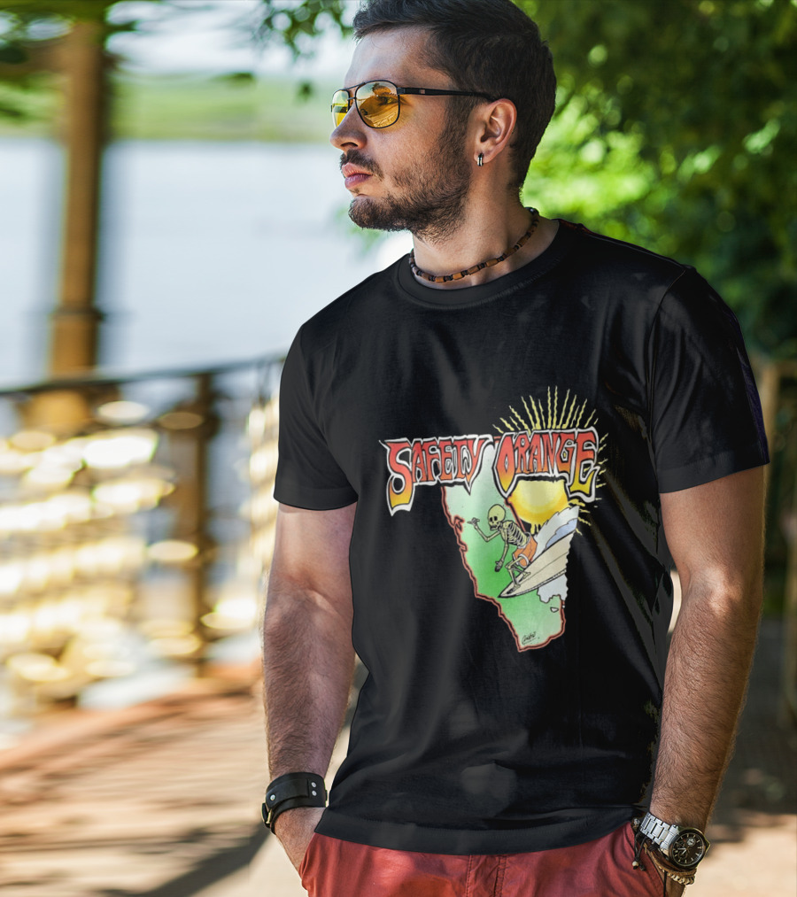 Safety Orange Skeleton Surfing Explosion Scene T-Shirt