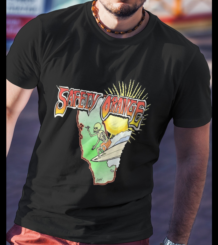 Safety Orange Skeleton Surfing Explosion Scene T-Shirt