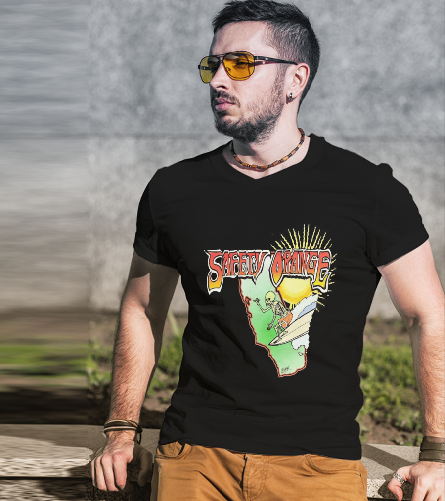 Safety Orange Skeleton Surfing Explosion Scene T-Shirt