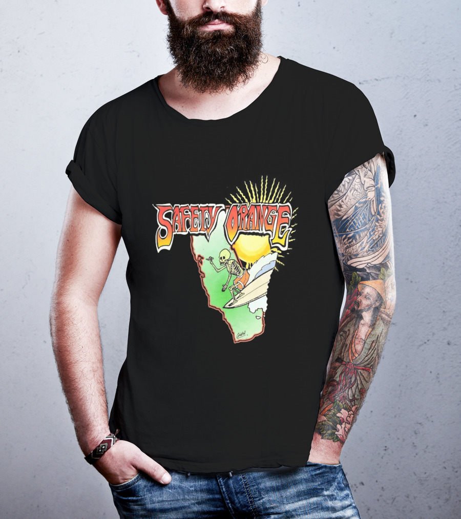 Safety Orange Skeleton Surfing Explosion Scene T-Shirt