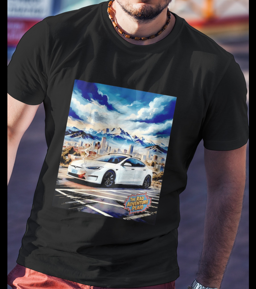 The Rad Adventure Plaid Electric Car Scenic Mountain Cityscape T-Shirt