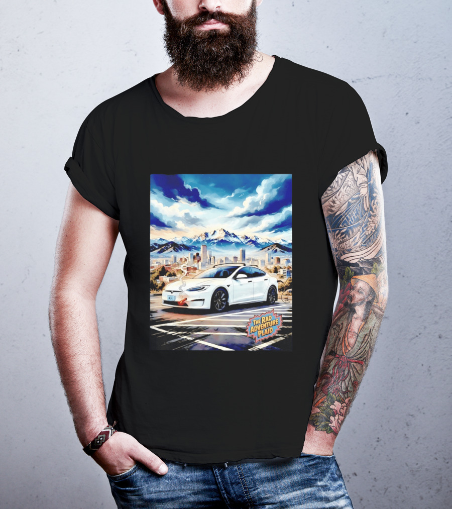 The Rad Adventure Plaid Electric Car Scenic Mountain Cityscape T-Shirt