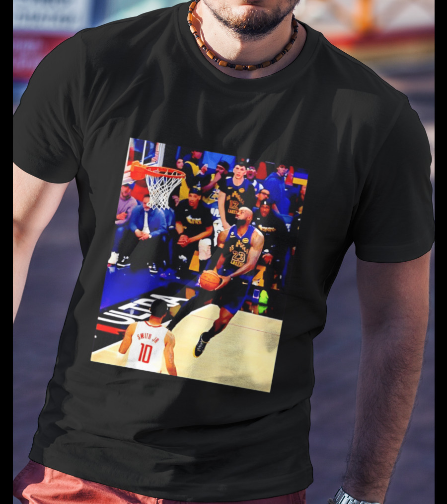 LeBron James Los Angeles Lakers Dunking Action Photo T-Shirt
