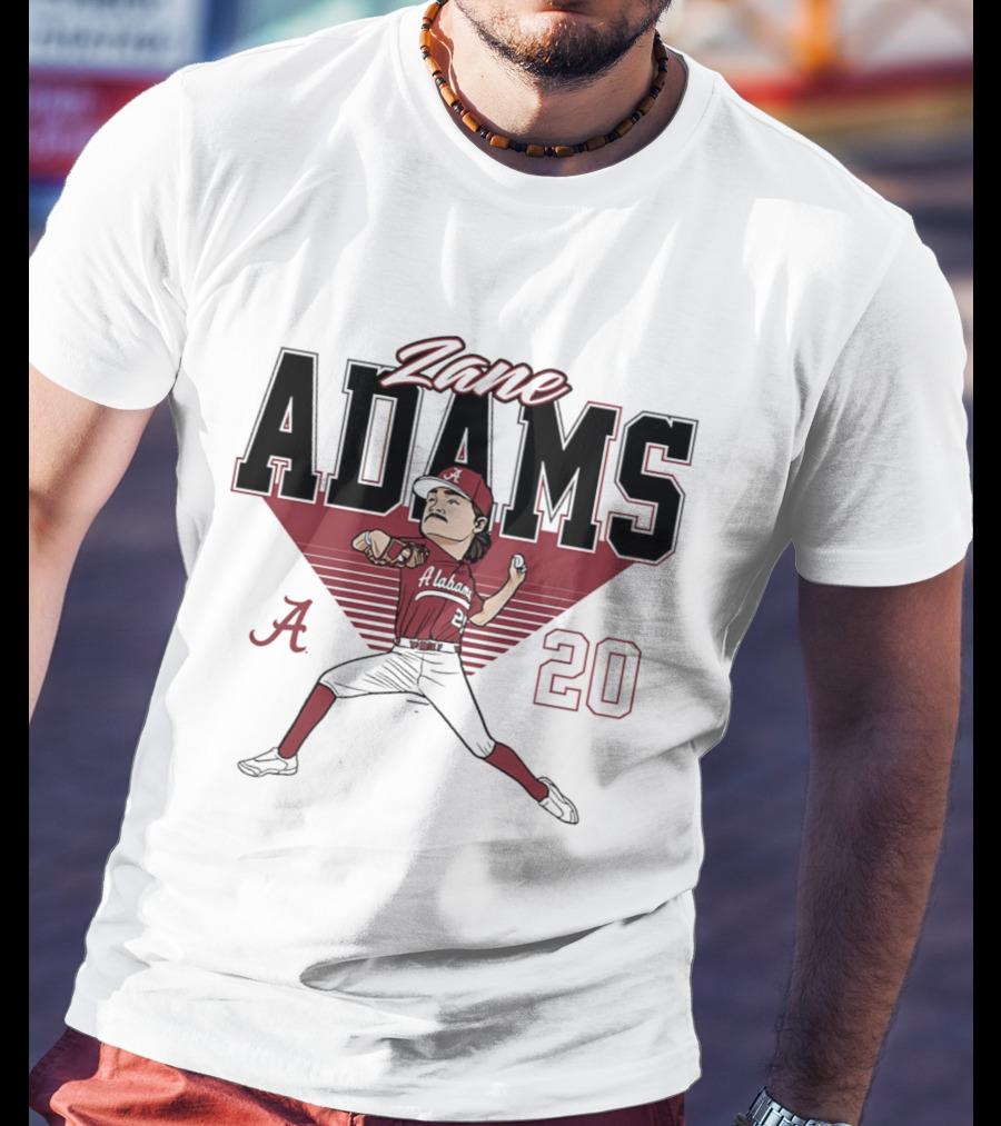 Zane Adams 20 Alabama Crimson Tide Baseball Caricature Player Pitching T-Shirt