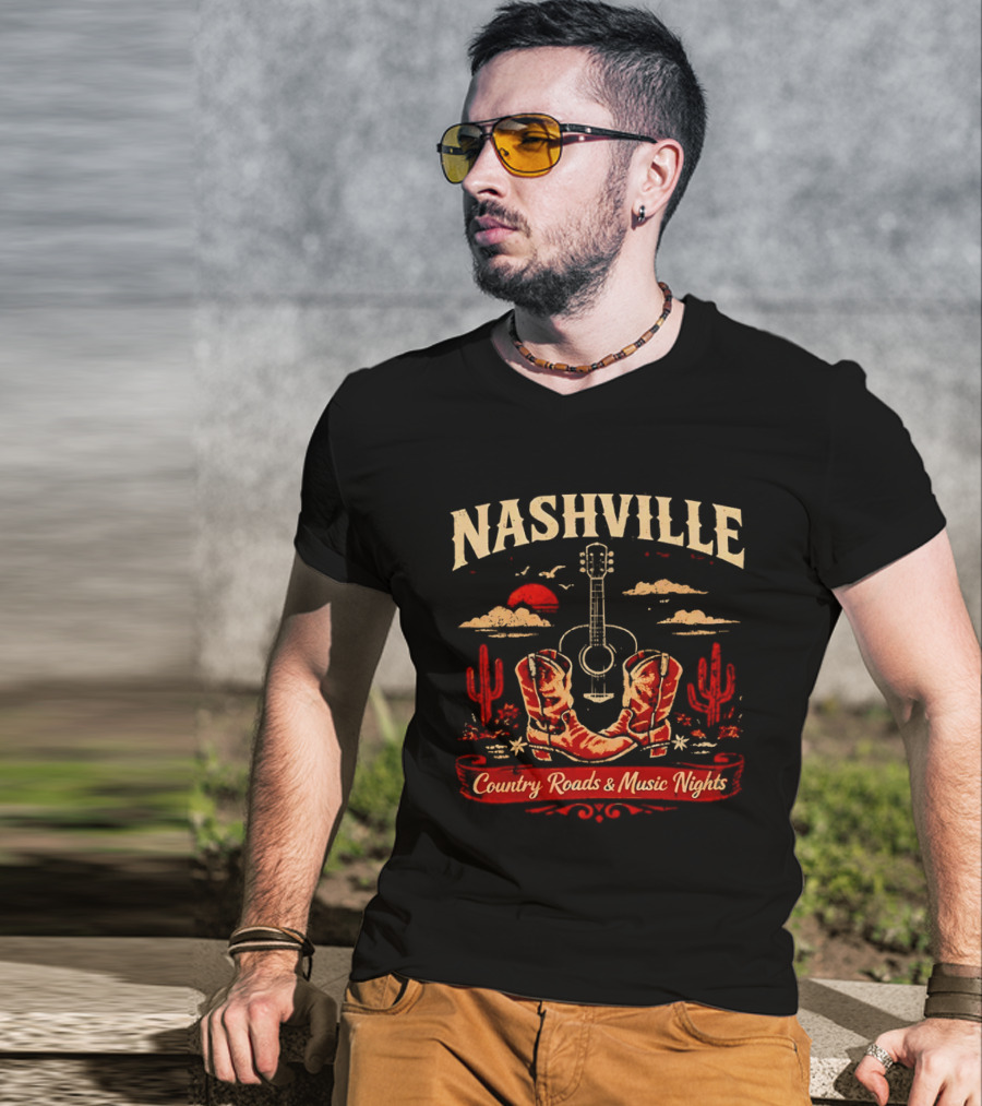 Nashville Country Roads Music Nights Boots Guitar Desert Cactus Moon Clouds T-Shirt
