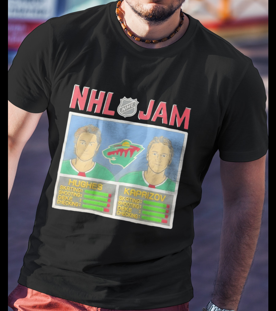 NHL Jam Hughes Kaprizov Minnesota Wild Skating Shooting Deke Checking T-Shirt