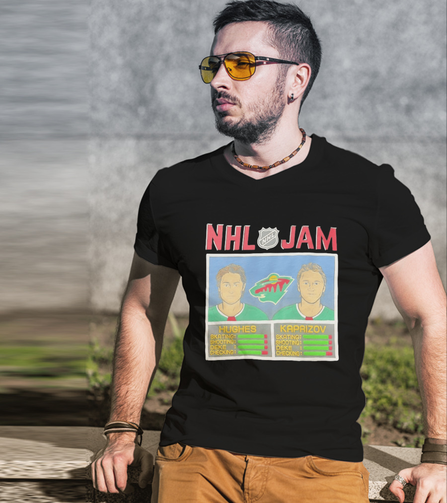 NHL Jam Hughes Kaprizov Minnesota Wild Skating Shooting Deke Checking T-Shirt