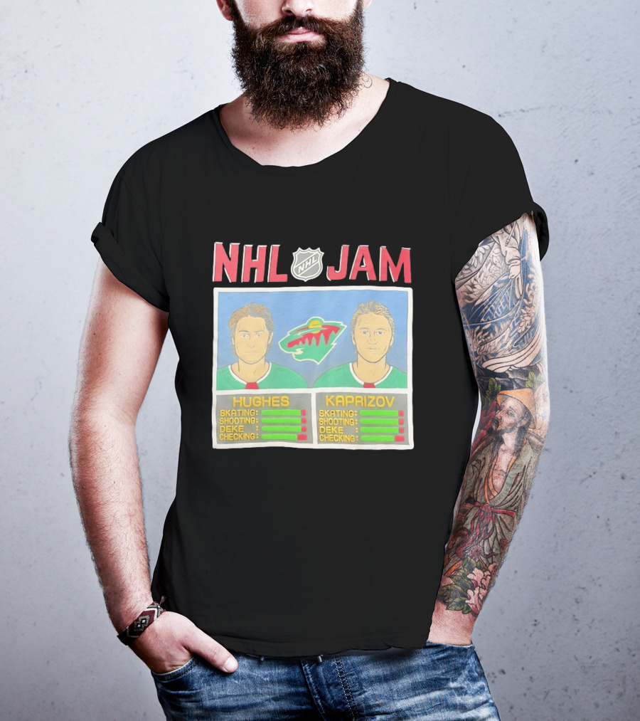 NHL Jam Hughes Kaprizov Minnesota Wild Skating Shooting Deke Checking T-Shirt