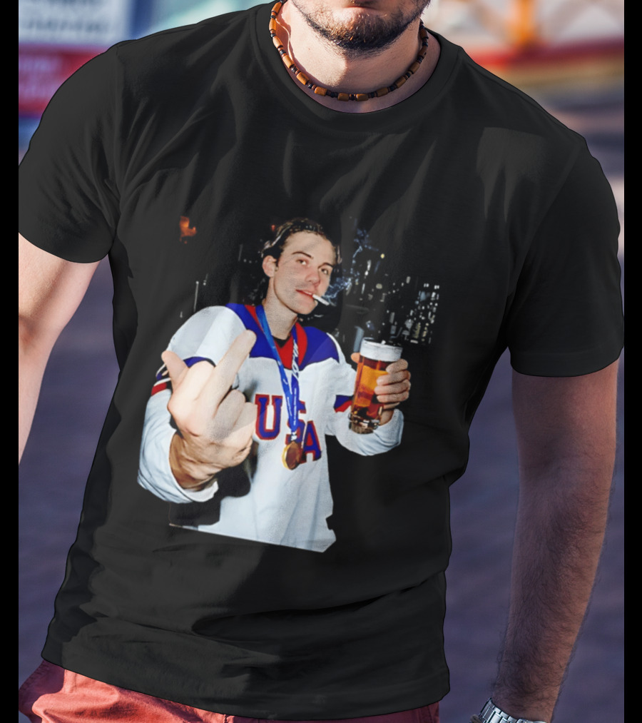 USA Hockey Player Victory Celebration Smoking Beer Middle Finger T-Shirt