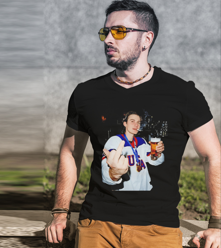 USA Hockey Player Victory Celebration Smoking Beer Middle Finger T-Shirt
