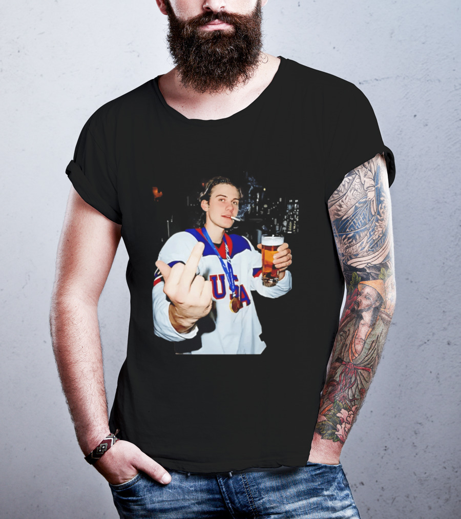 USA Hockey Player Victory Celebration Smoking Beer Middle Finger T-Shirt