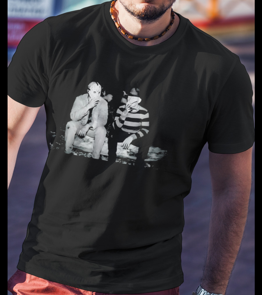 Jason Voorhees Freddy Krueger Smoking On Log Retro Horror Movie T-Shirt
