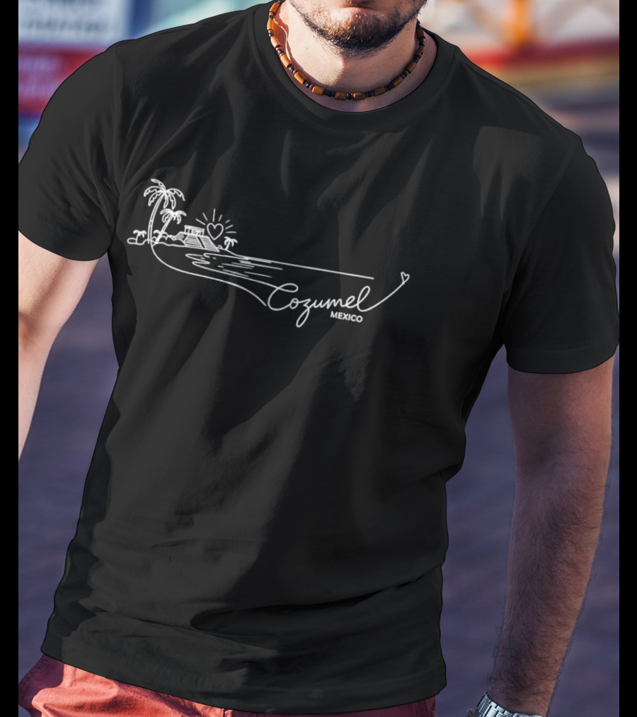 Cozumel Mexico Beach Palm Trees Heart Sun Ocean Scene T-Shirt