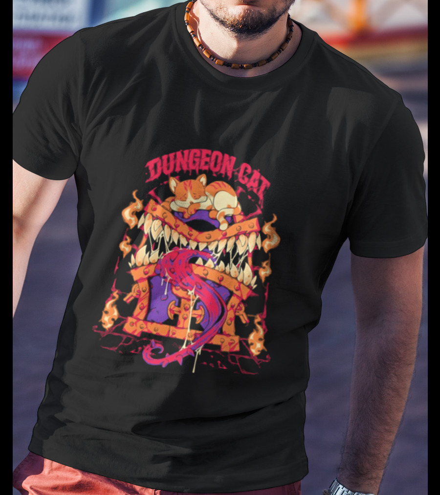 Dungeon Cat Sleeping On Monstrous Chest Surrounded By Flames And Tentacles T-Shirt
