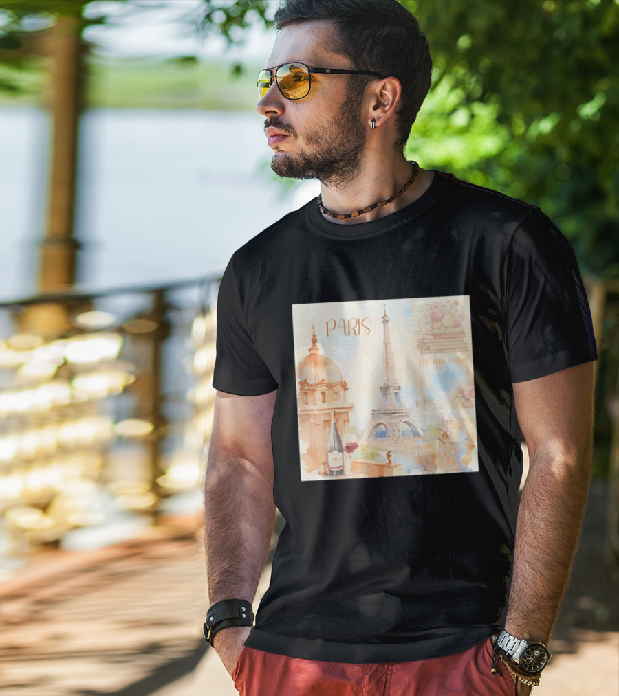 Paris Printemps Eiffel Tower Wine Flowers Books T-Shirt