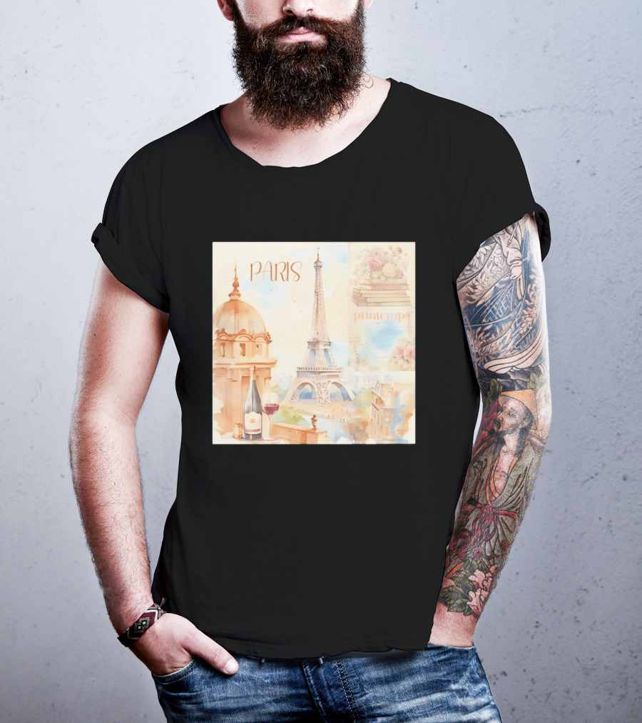 Paris Printemps Eiffel Tower Wine Flowers Books T-Shirt