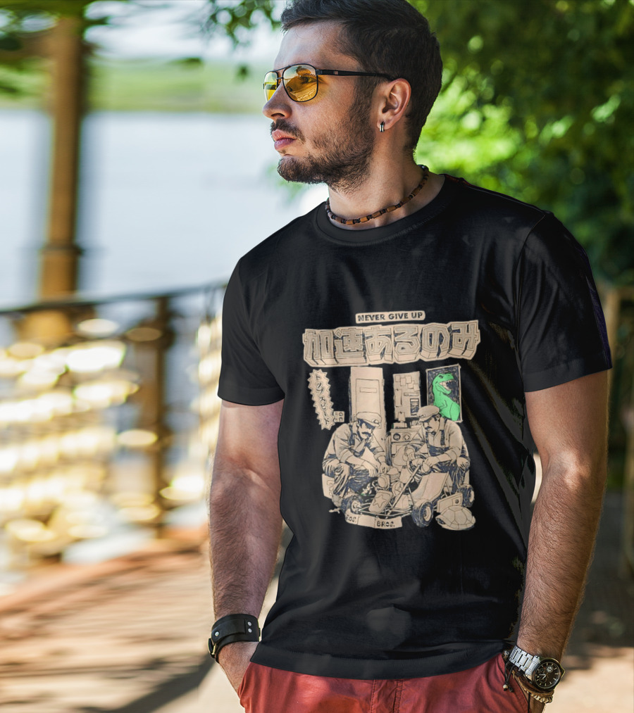 Mario Luigi Never Give Up Japanese Text Kart Fixing Brothers T-Shirt