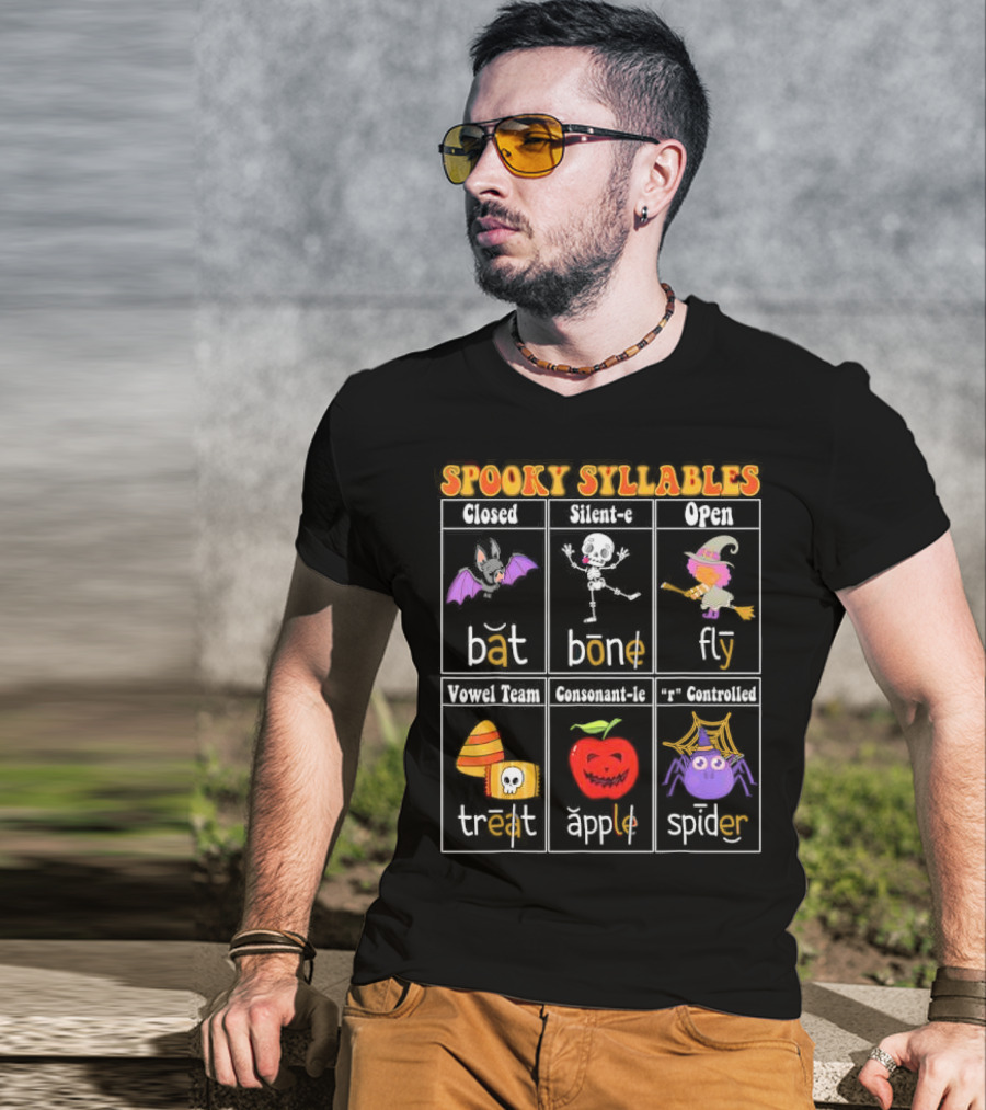 Spooky Syllables Bat Bone Fly Trick Treat Apple Spider Halloween Educational Teacher T-Shirt