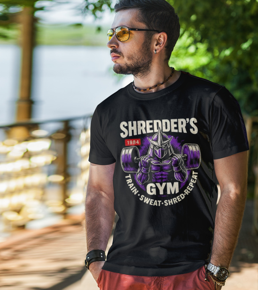 Shredder's 1984 Gym Train Sweat Shred Repeat Ninja Warrior Fitness T-Shirt