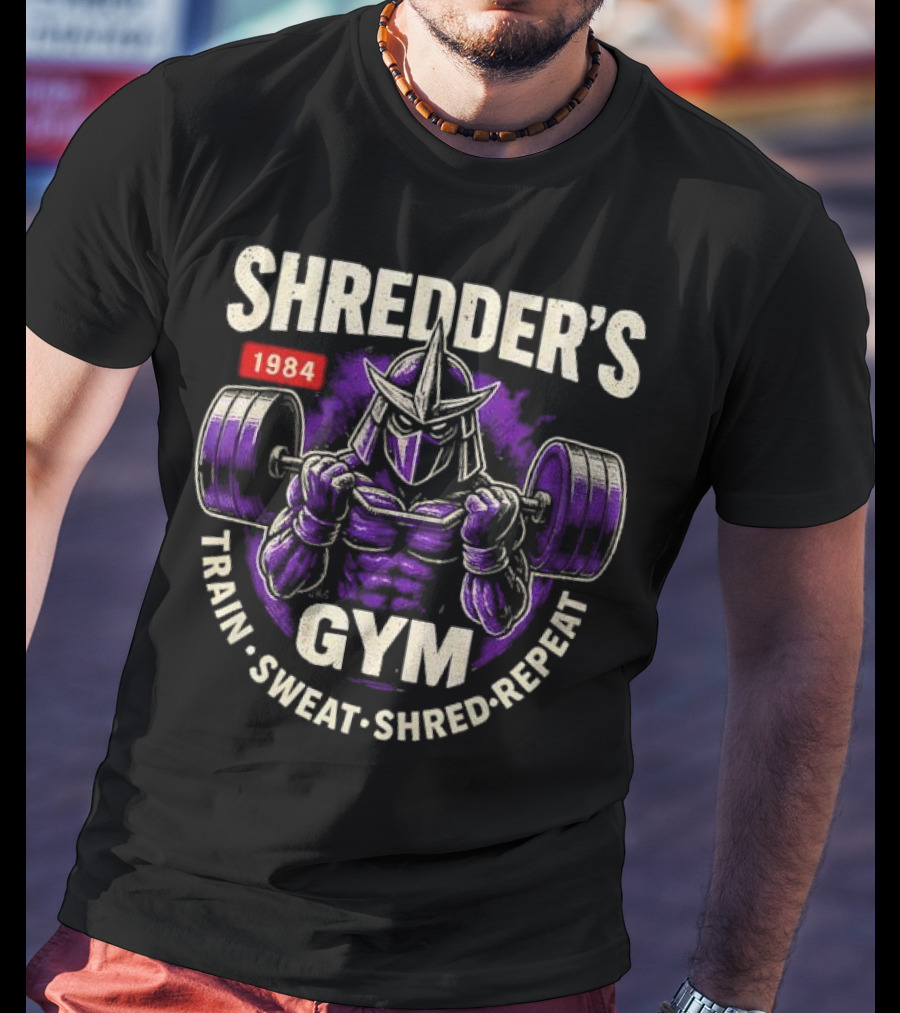 Shredder's 1984 Gym Train Sweat Shred Repeat Ninja Warrior Fitness T-Shirt