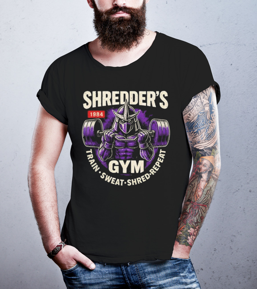 Shredder's 1984 Gym Train Sweat Shred Repeat Ninja Warrior Fitness T-Shirt