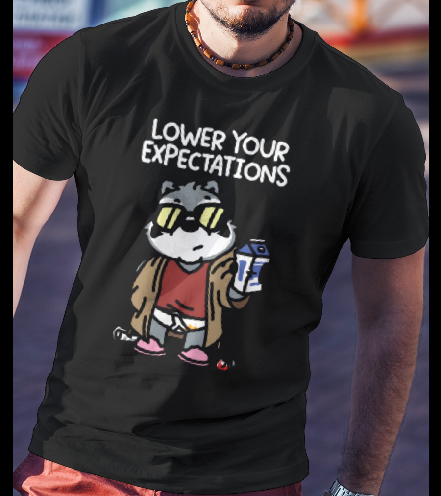 Lower Your Expectations Cool Cat Cartoon In Sunglasses With Milk T-Shirt