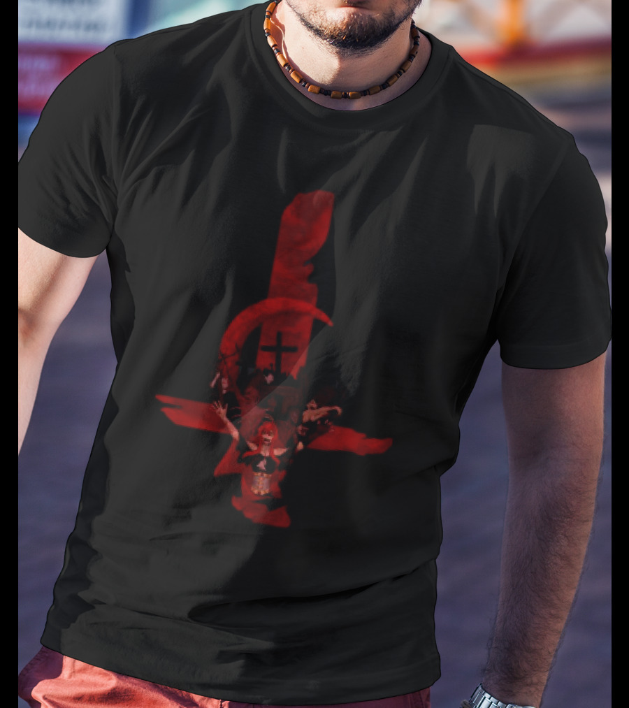 Inverted Cross Graveyard Gothic Anarchist Symbol With Red Crescent Moon T-Shirt