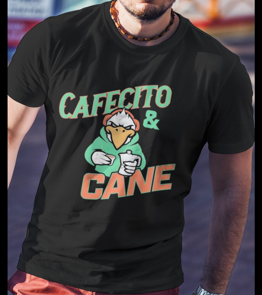 Cafecito And Cane Miami Hurricanes Mascot Holding Coffee Graphic T-Shirt