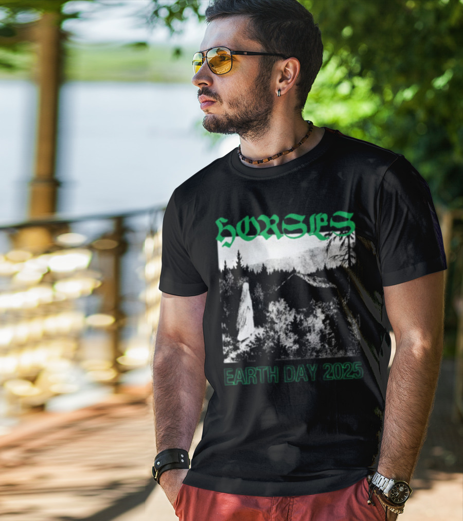 Horses Earth Day 2025 Ghostly Forest Cabin Scene T-Shirt