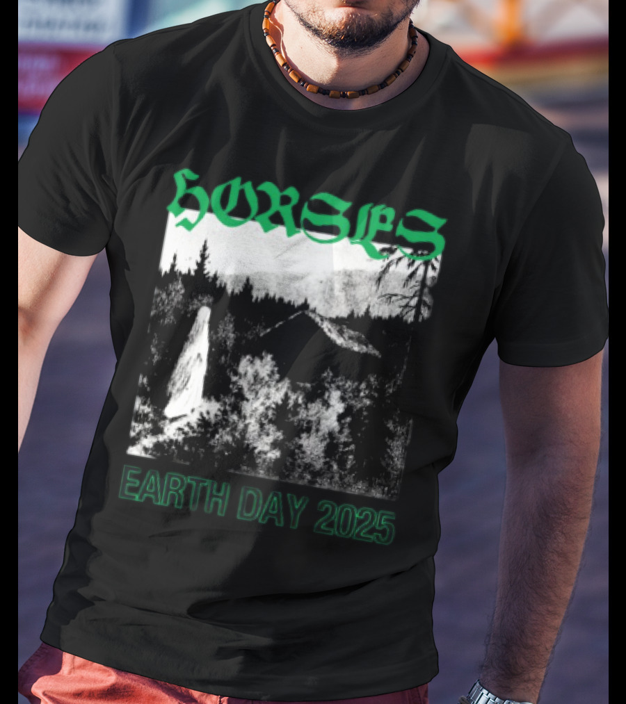 Horses Earth Day 2025 Ghostly Forest Cabin Scene T-Shirt