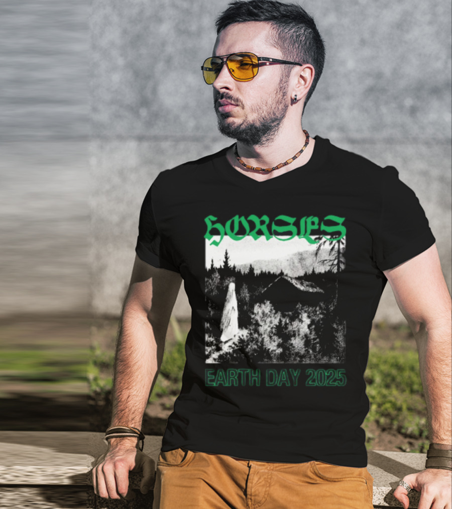 Horses Earth Day 2025 Ghostly Forest Cabin Scene T-Shirt