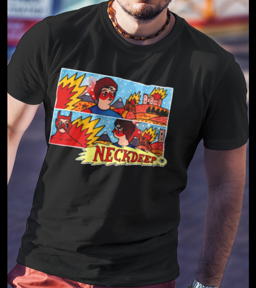 Neck Deep 10 Year Anniversary Comic Style Superhero Scene T-Shirt