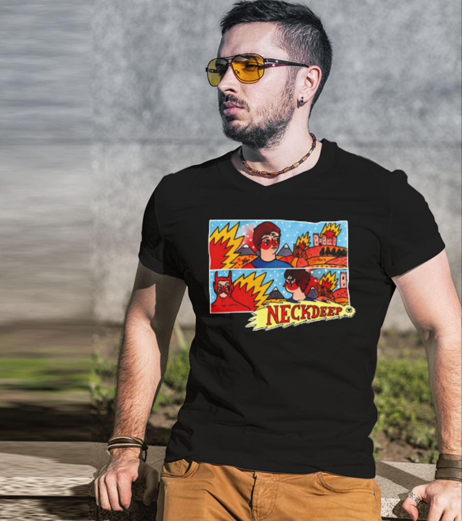 Neck Deep 10 Year Anniversary Comic Style Superhero Scene T-Shirt
