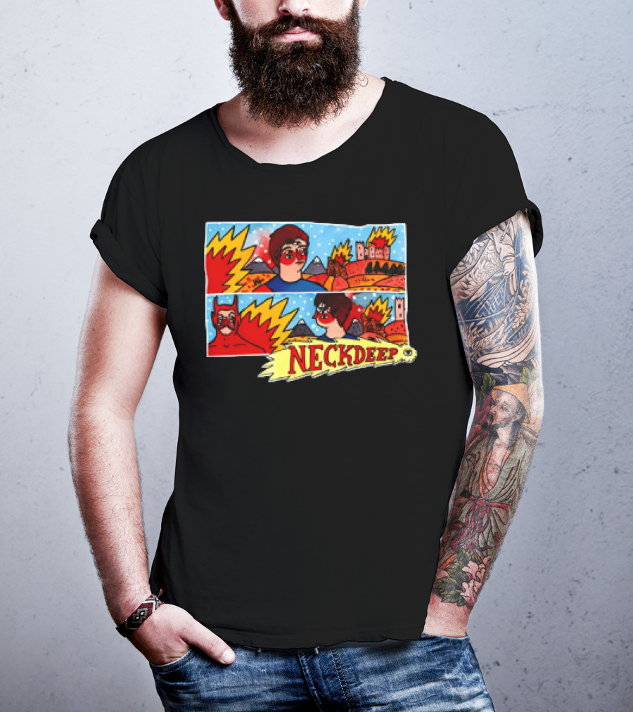Neck Deep 10 Year Anniversary Comic Style Superhero Scene T-Shirt