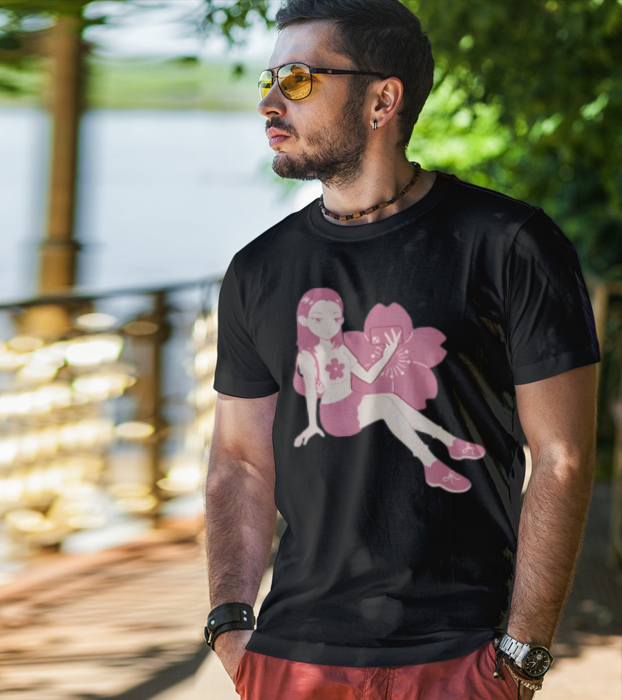 Mandys Brown Anime Style Girl Sakura Blossom Pattern T-Shirt