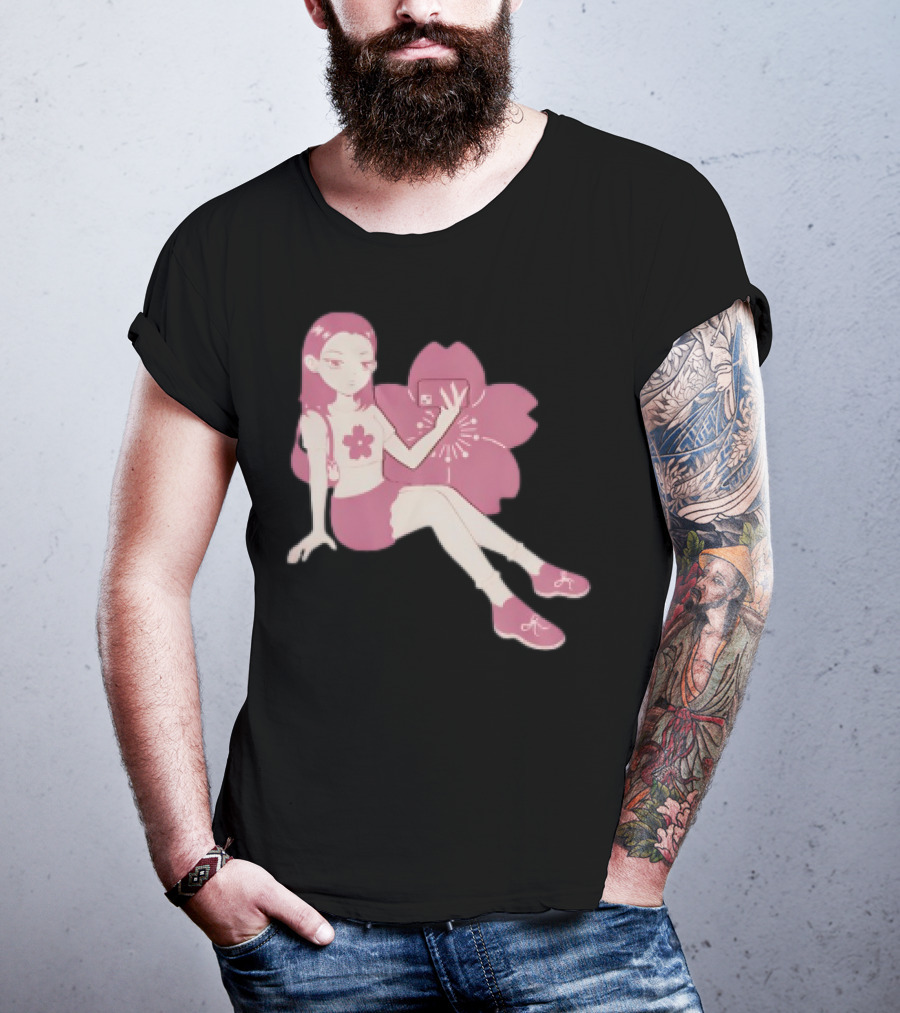 Mandys Brown Anime Style Girl Sakura Blossom Pattern T-Shirt